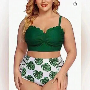 Avidlove Women High Waisted Bikini Tummy Control 2 Piece Green Leaf Bathing Suit